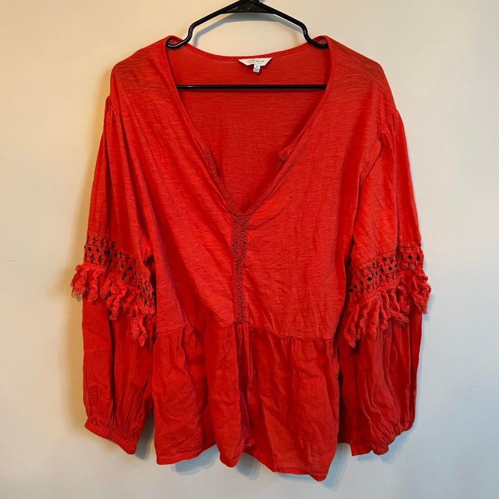 Lucky Brand Women's Peasant Blouse Cutout Illusion Split Neck Orange 3X